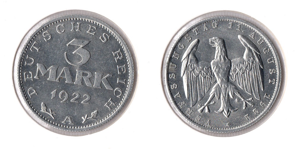  Weimarer Republik Inflation 3 Mark 1922 -A- vz- J.303   