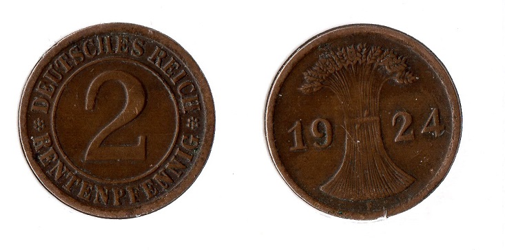  Weimarer Republik 2 Rentenpfennig 1924 -F- Jäger 307. sehr schön   