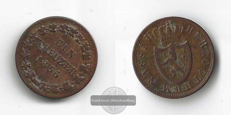  Herzogtum Nassau, 1 Kreuzer  1856 Adolph FM-Frankfurt  Kupfer   