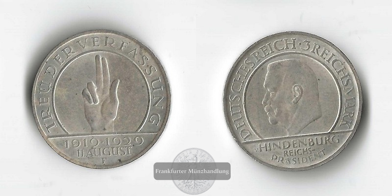  Deutschland, Weimarer Republik   3 Reichsmark  1929 A  FM-Frankfurt  Feinsilber: 7,5g   