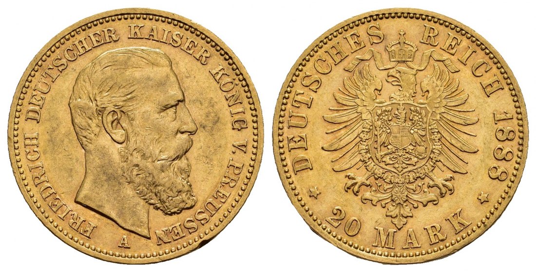 PEUS 8456 Kaiserreich - Preußen 7,16 g Feingold. Friedrich III.(09.03. - 15.06.1888) 20 Mark GOLD 1888 A Randfehler, Sehr schön