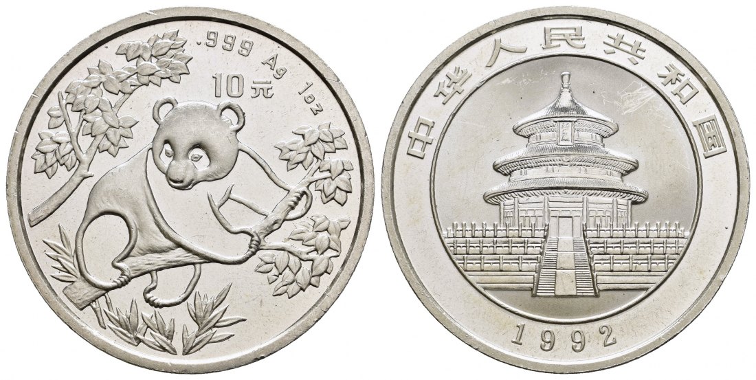 PEUS 8466 China Volksrepublik 31,1 g Feinsilber. Panda Bär sitzt auf einem Ast 10 Yuan SILBER Unze 1992 Kl. Kratzer, Vorzüglich +
