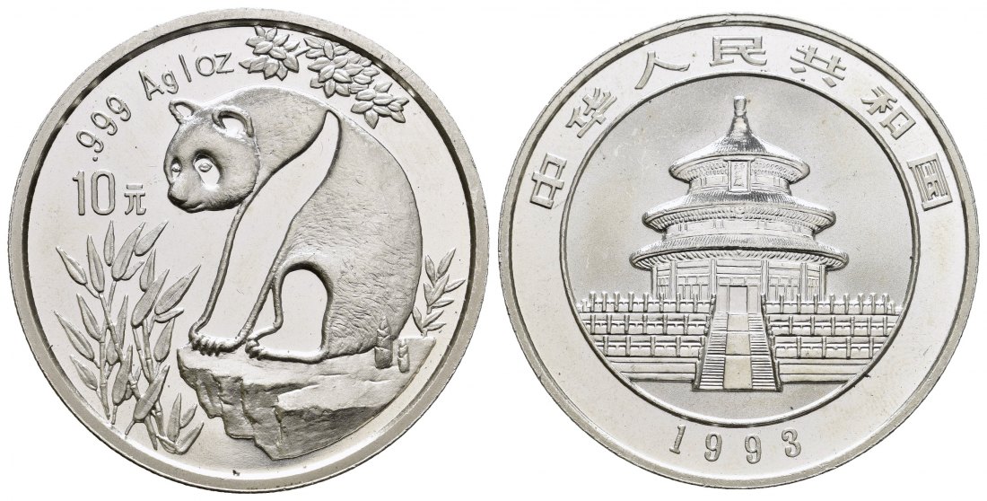 PEUS 8467 China Volksrepublik 31,1 g Feinsilber. Panda auf flachem Felsen 10 Yuan SILBER Unze 1993 Kl. Kratzer, Vorzüglich +