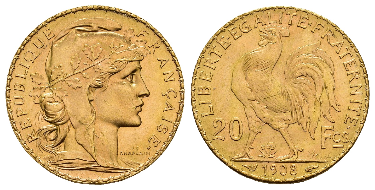 PEUS 8472 Frankreich 5,81 g Feingold. Marianne / Galischer Hahn 20 Francs GOLD 1908 Kl. Kratzer, Fast Stempelglanz