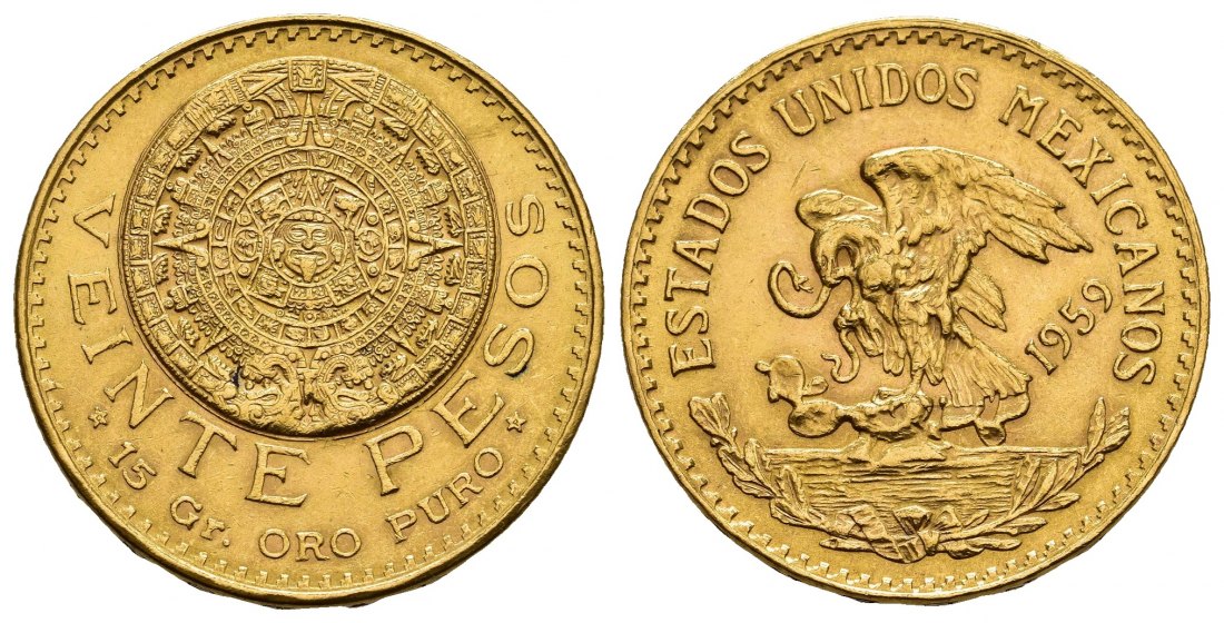 PEUS 8121 Mexiko 15 g Feingold 20 Pesos GOLD 1959 Fast vorzüglich