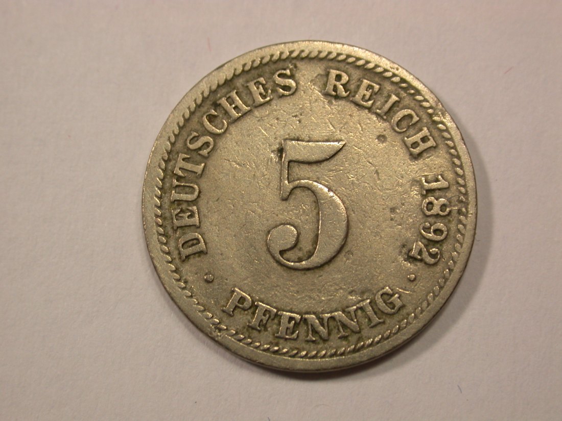  G13 KR  5 Pfennig 1892 D in s-ss  Originalbilder   