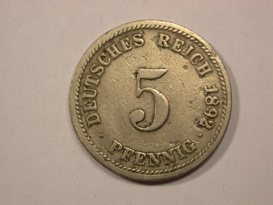 G13 KR 5 Pfennig 1892 D in s-ss Originalbilder