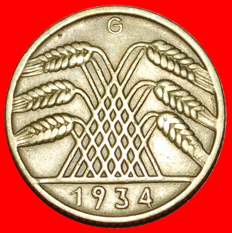  * THIRD REICH (1933-1945): GERMANY ★ 10 REICHSPFENNIGS 1934G RARE! ★LOW START ★ NO RESERVE!   