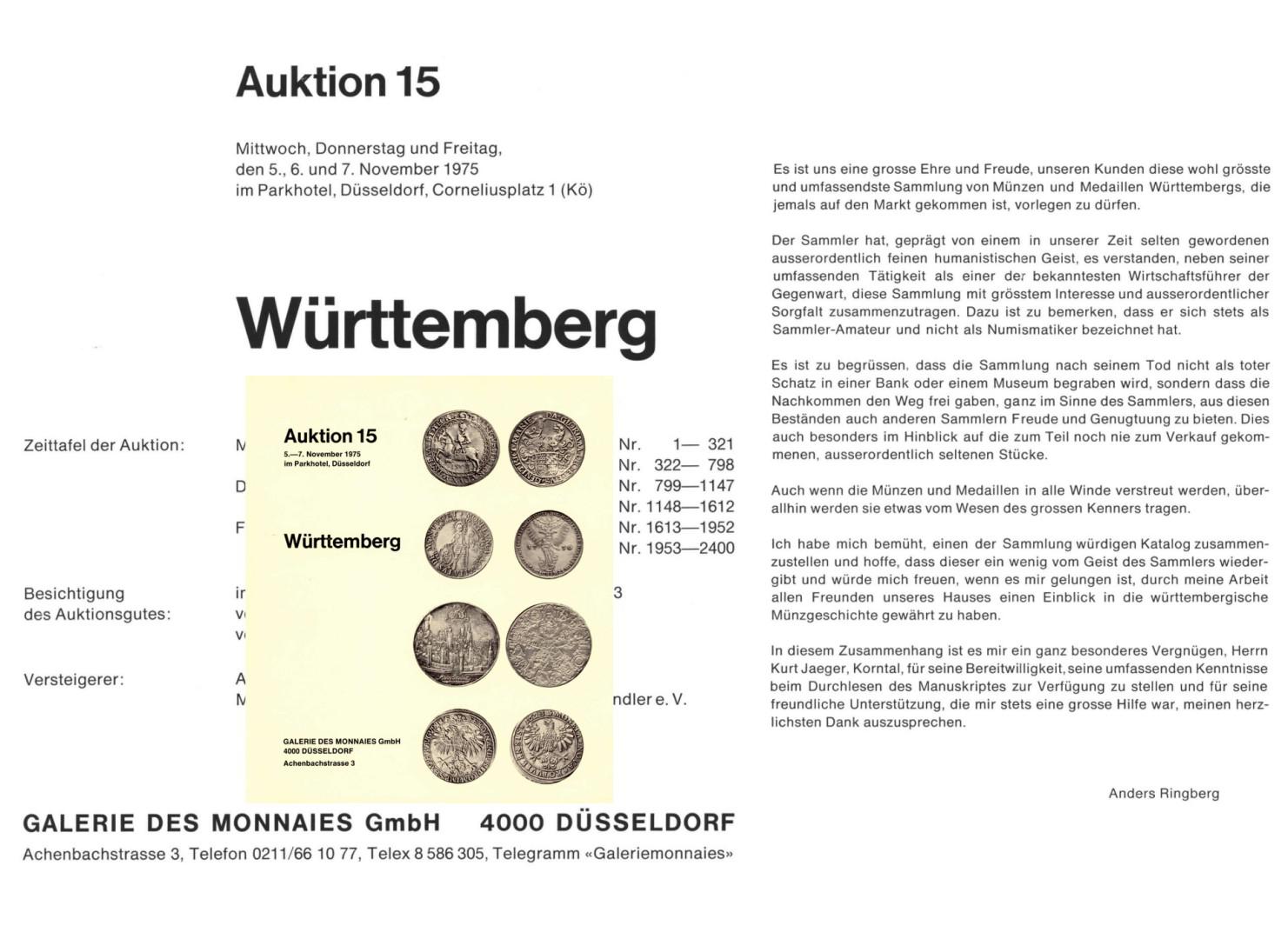  Galerie des Monnaies GmbH (Düsseldorf) - Auktion 15 (1975) Sammlung WURSTER - Württemberg   