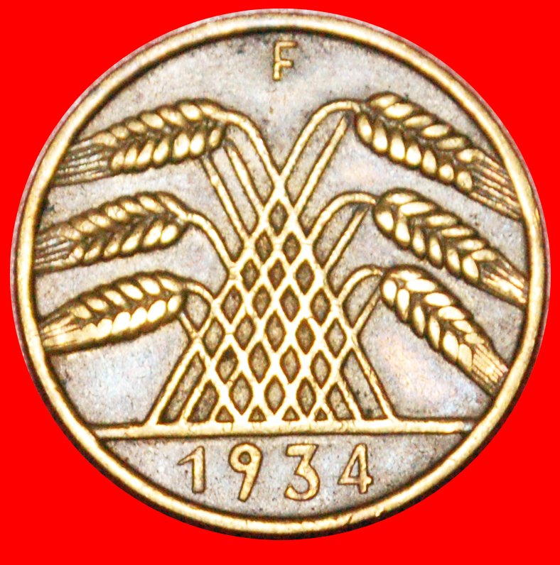  * DRITTES REICH (1933-1945): DEUTSCHLAND ★ 10 REICHSPFENNIG 1934F SELTEN!★OHNE VORBEHALT!   