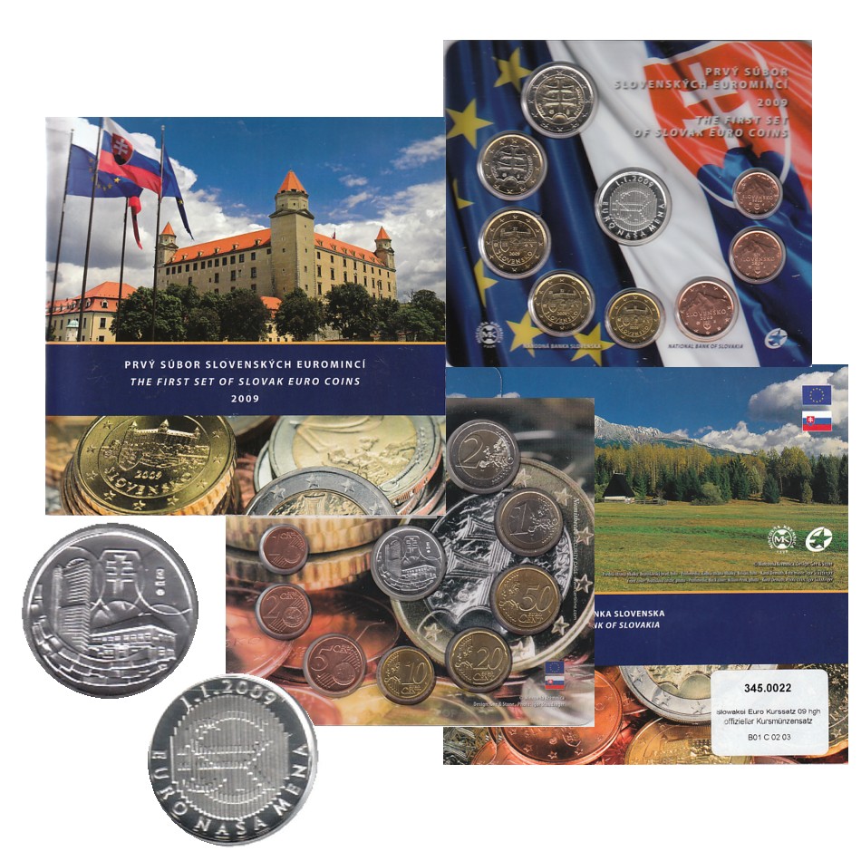  Offiz. Euro KMS Slowakei *Die ersten Euromünzen der Slowakei* 2009 mit Silbermedaille   