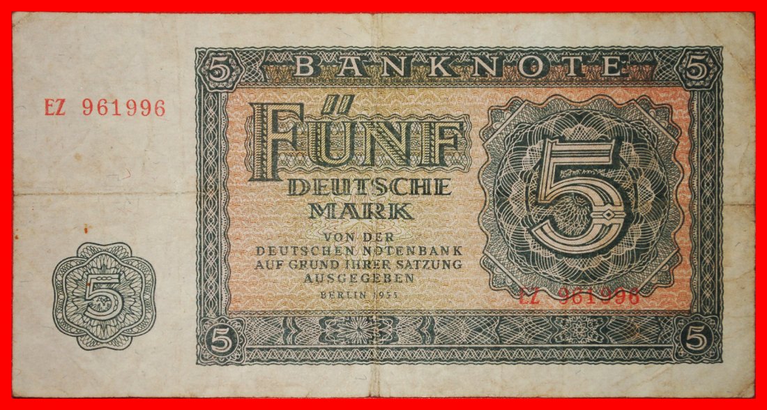  * KOMMUNISMUS: DEUTSCHLAND DDR★ 5 DEUTSCHE MARK 1955 UNGEWÖHNLICH!  ★OHNE VORBEHALT!   