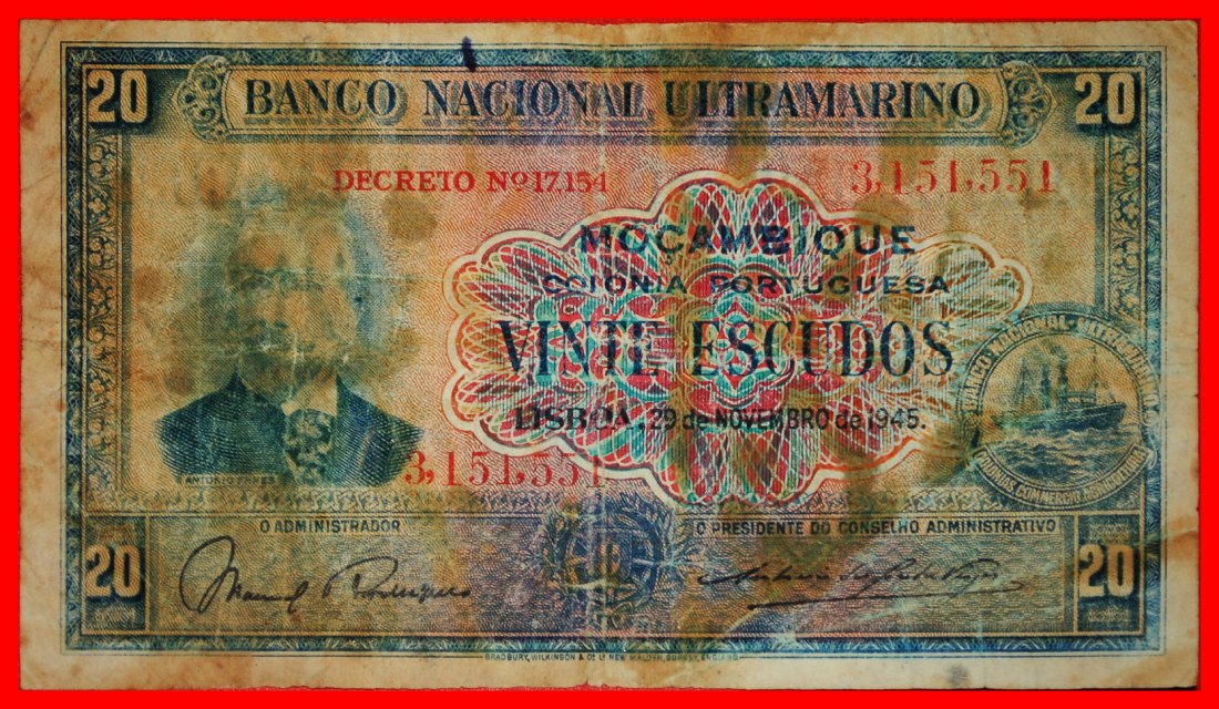 ~ GREAT BRITAIN: MOZAMBIQUE OF PORTUGAL ★ 20 ESCUDOS 1945 SHIP! UNCOMMON! ★LOW START ★ NO RESERVE!