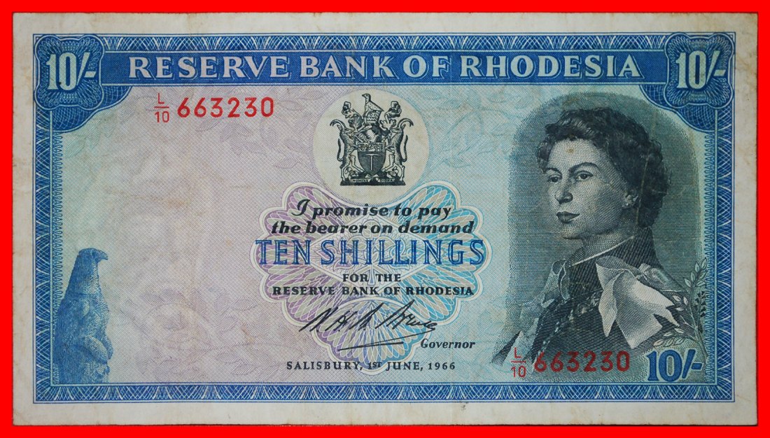  ~ RHODES (1853-1902): RHODESIEN von GROSSBRITANNIEN★10 SHILLINGS 1966 SELTEN★KNACKIG★OHNE VORBEHALT!   