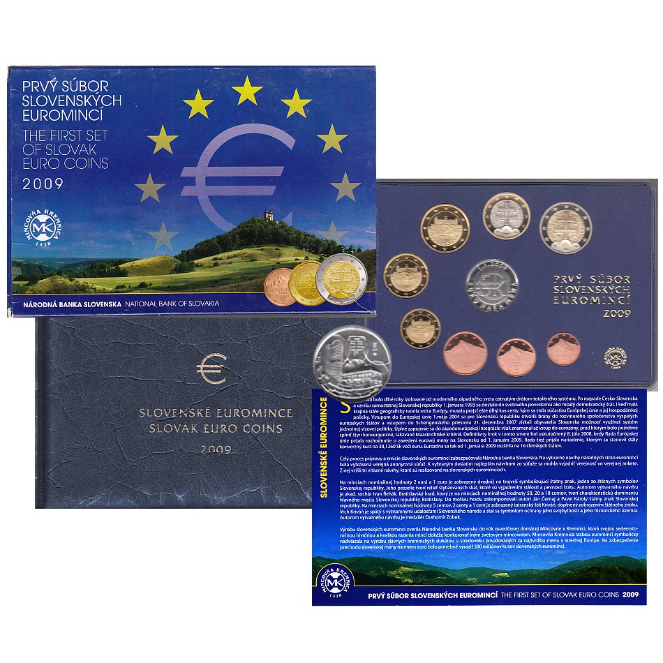  Offiz. Euro KMS Slowakei *Die ersten Euromünzen der Slowakei* 2009 *PP* mit Silbermedaille   