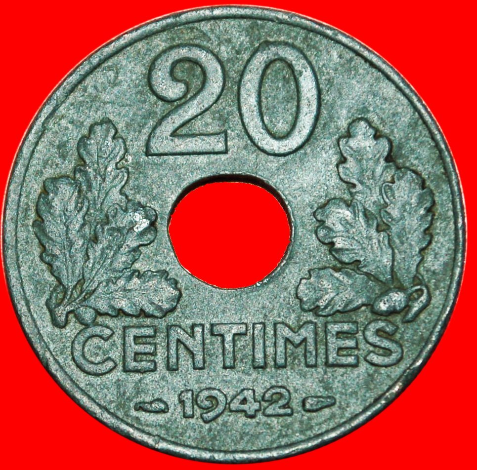  * VICHY OCCUPATION BY GERMANY: FRANCE★ 20 CENTIMES 1942 ZINC! UNCOMMON! LOW START★NO RESERVE!   