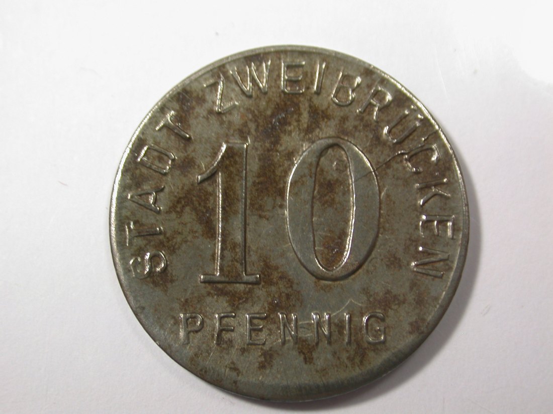  G16 Notgeld  Zweibrücken 10 Pfennig 1919 Eisen Überprägungsspuren auf der Werts. vz  Originalbilder   