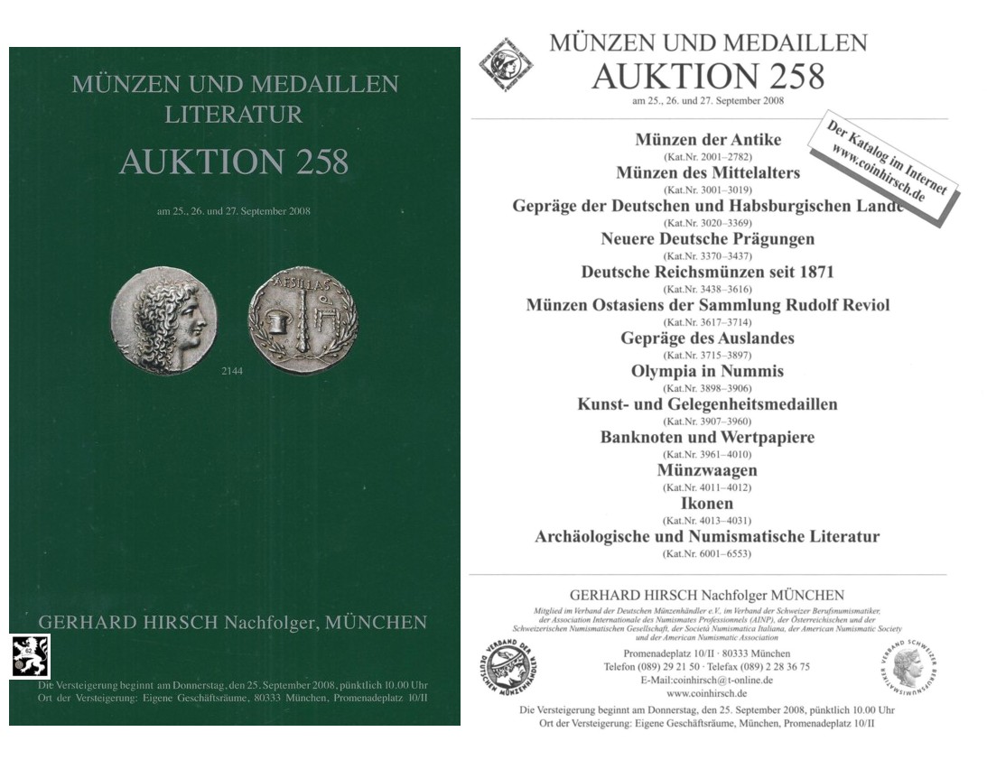  Hirsch (München) Auktion 258 (2008) Antike bis Neuzeit ua Münzen Ostasiens Sammlung Rudolf REVIOL   