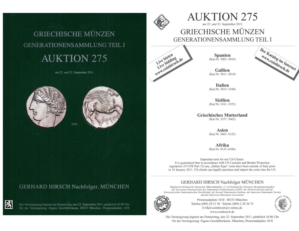  Hirsch (München) Auktion 275 (2011) Griechische Münzen - Generationensammlung Teil I.   