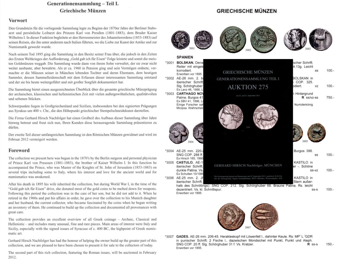  Hirsch (München) Auktion 275 (2011) Griechische Münzen - Generationensammlung Teil I.   