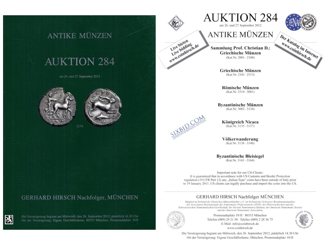  Hirsch (München) Auktion 284 (2012) Antike Münzen ua. Sammlung Prof. Christian D. Griechische Münzen   