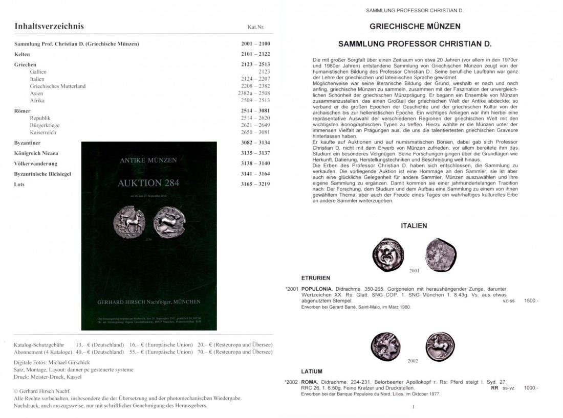  Hirsch (München) Auktion 284 (2012) Antike Münzen ua. Sammlung Prof. Christian D. Griechische Münzen   