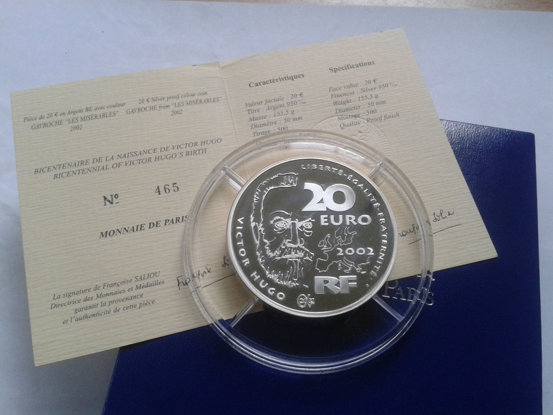  Original 20 euro 2002 PP Frankreich Gavroche Victor Hugo 5 Unzen Silber   