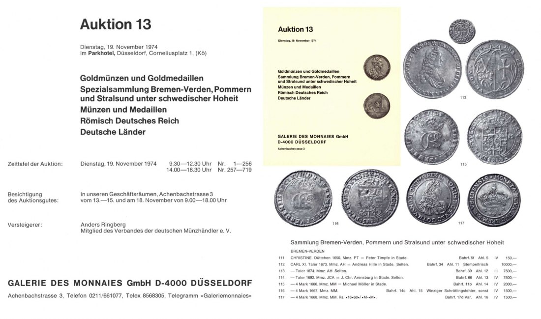  Galerie des Monnaies (Düsseldorf) 13 (1974) Spezialsammlung Bremen-Verden ,Pommern und Stralsund   