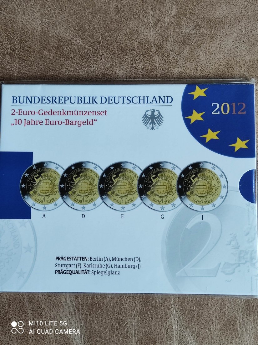  BRD Deutschland 2 Euro Set 2012 Spiegelglanz 10 Jahre Euro-Bargeld proof pp   