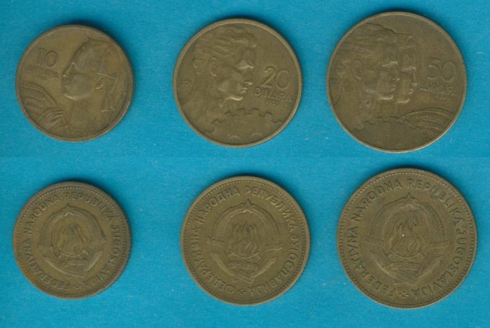  Jugoslawien 10 + 20 + 50 Dinara 1955   