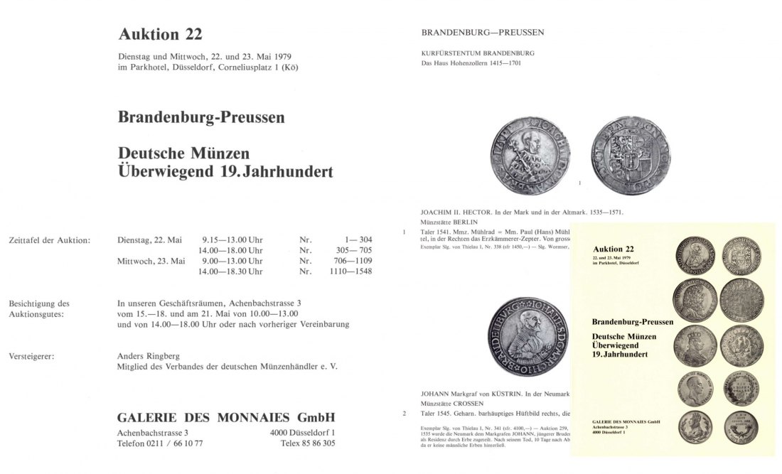  Galerie des Monnaies (Düsseldorf) 22 (1979) Sammlung Brandenburg Preussen / Deutsche Münzen 19 Jhdt.   