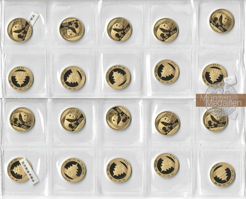 China LOT 10 x 200 Yuan 2016 Panda MM-Frankfurt Feingoldt: 10 x 15g, zus. 150g   