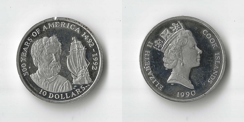  Cook Island,  10 Dollar  1990 500th Anniversary of America FM-Frankfurt  Feinsilber: 9,25g   