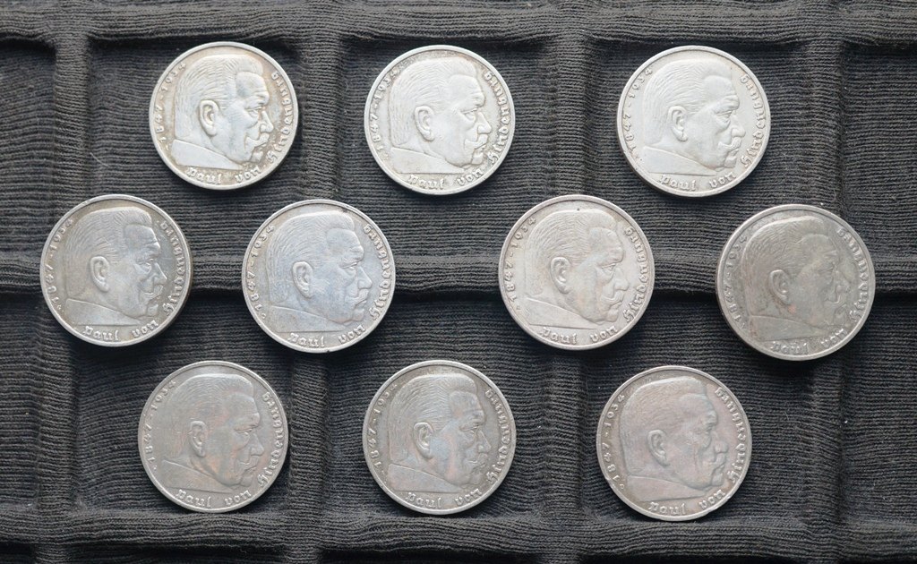  Silberlot 3. Reich, 10x 5 Reichsmark   