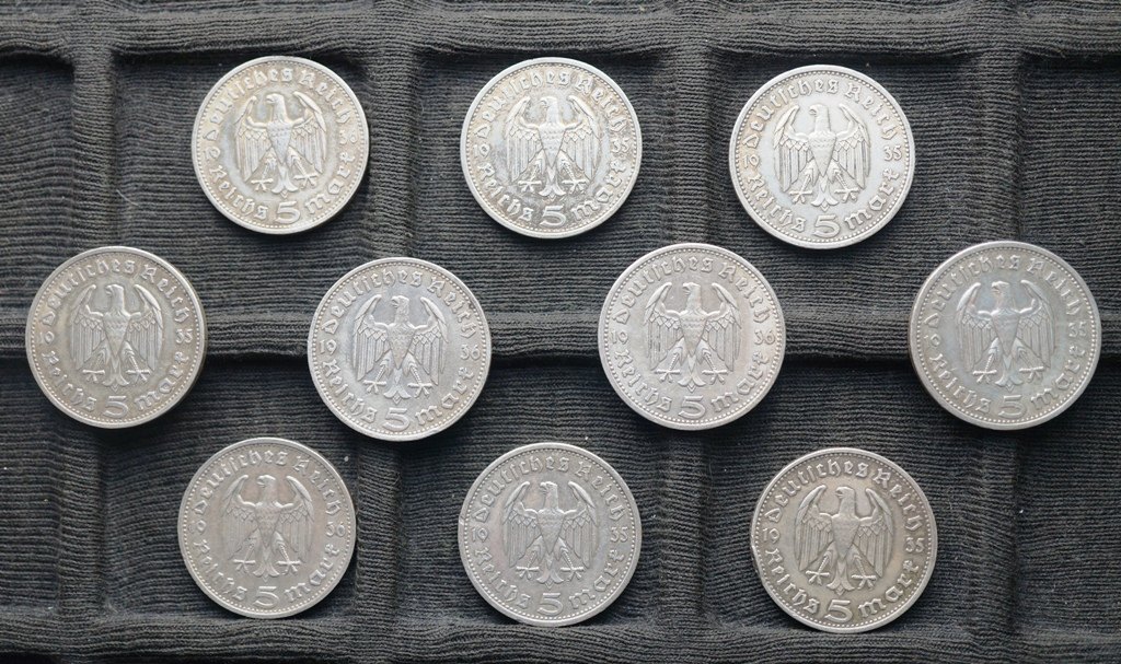  Silberlot 3. Reich, 10x 5 Reichsmark   