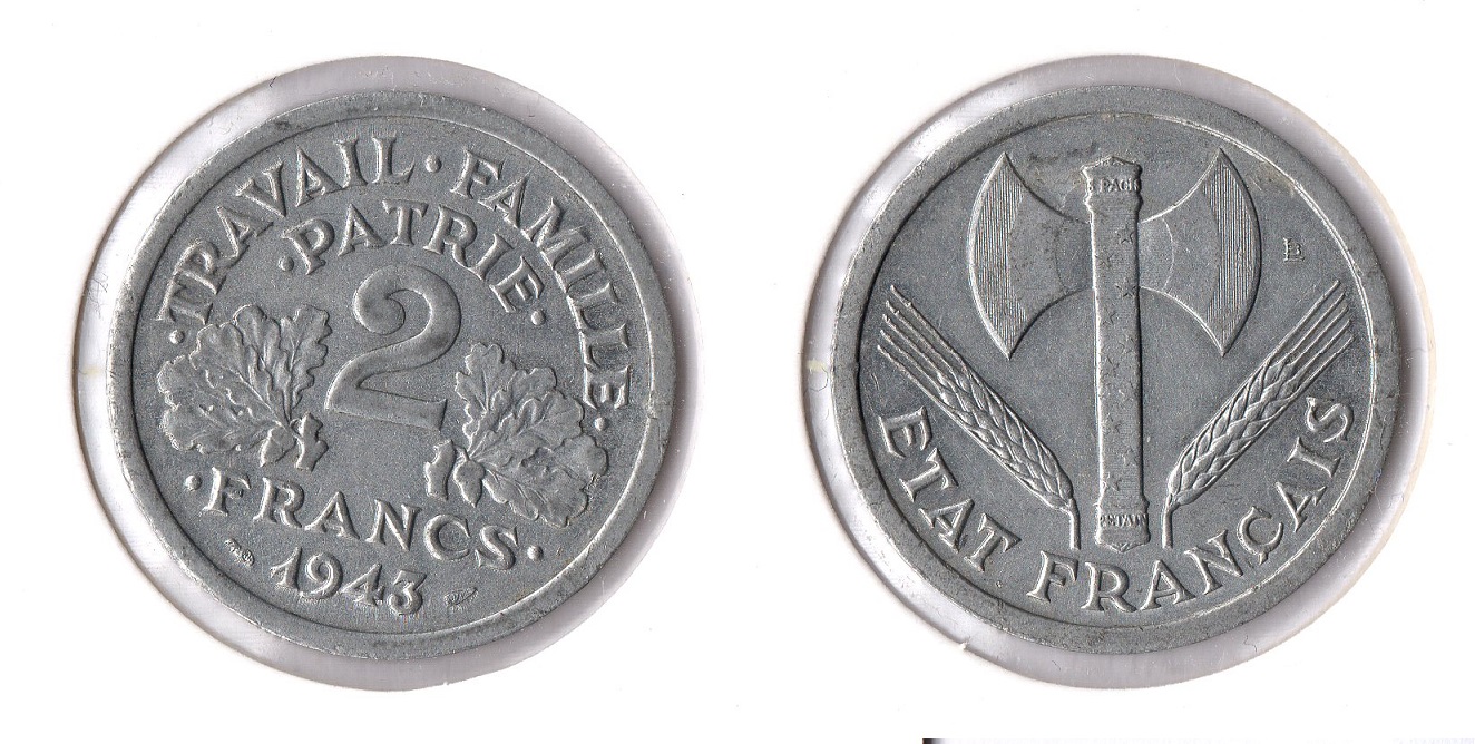  Frankreich 2 Franc 1943 (Alu) ss-vz (Regierung in Vichy 1940-1944) No.2   