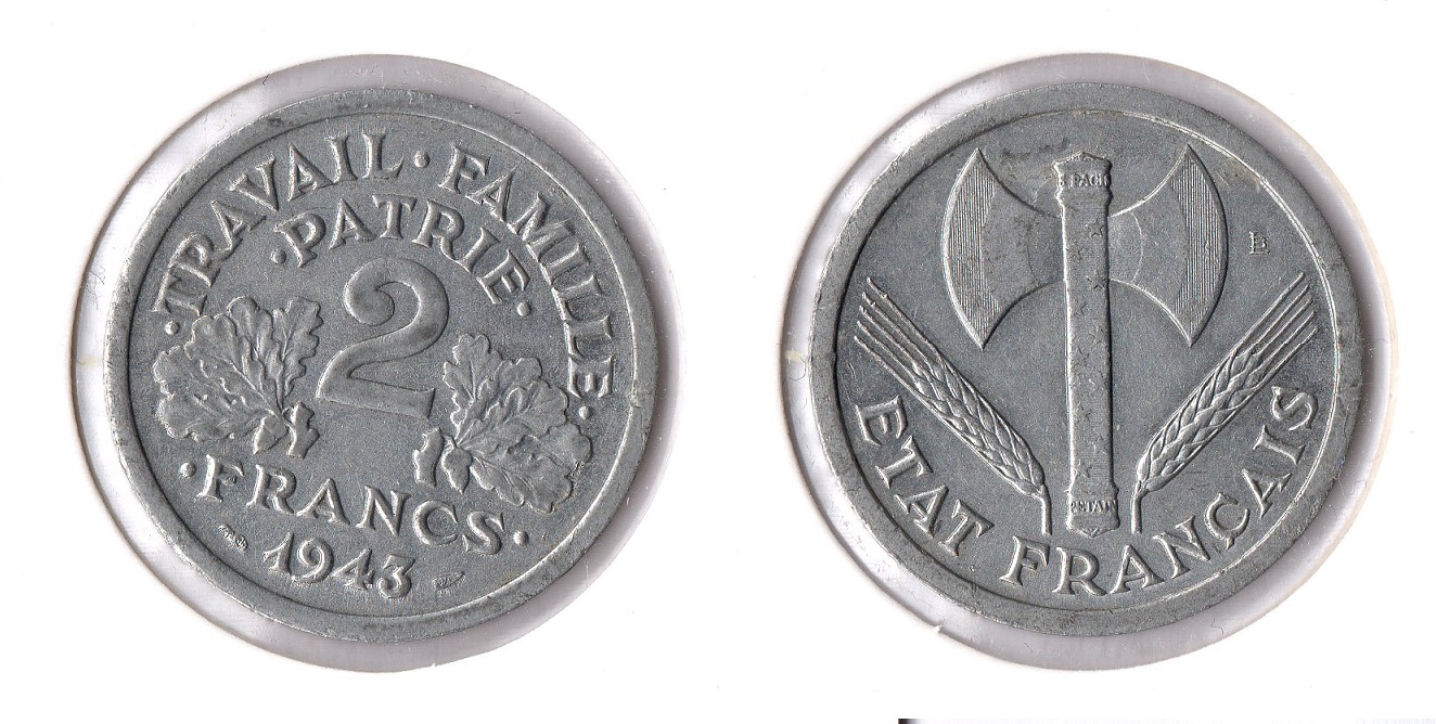  Frankreich 2 Franc 1943 (Alu) ss-vz (Regierung in Vichy 1940-1944 Etat Francais)2   