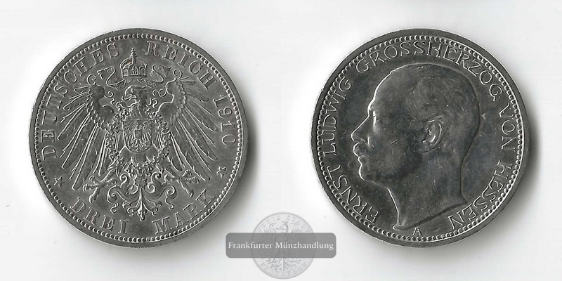  Kaiserreich, Hessen  3 Mark  1910 A  Ernst Ludwig  FM-Frankfurt Feingewicht: 15g   