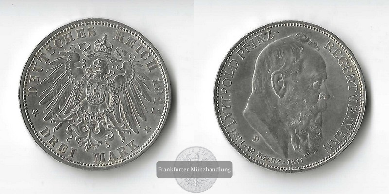  Bayern, Kaiserreich  3 Mark  1911 D  Luitpold   FM-Frankfurt Feinsilber: 15g   