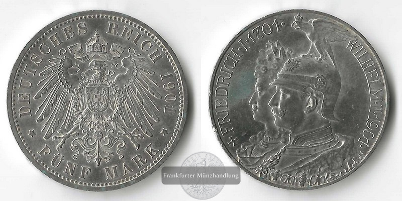  Preussen, Kaiserreich  5 Mark  1901  200. Jahrestag des Königreichs FM-Frankfurt   Feinsilber: 25g   