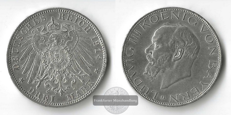  Bayern, Kaiserreich  3 Mark  1914 D Ludwig III. FM-Frankfurt Feinsilber: 15g   