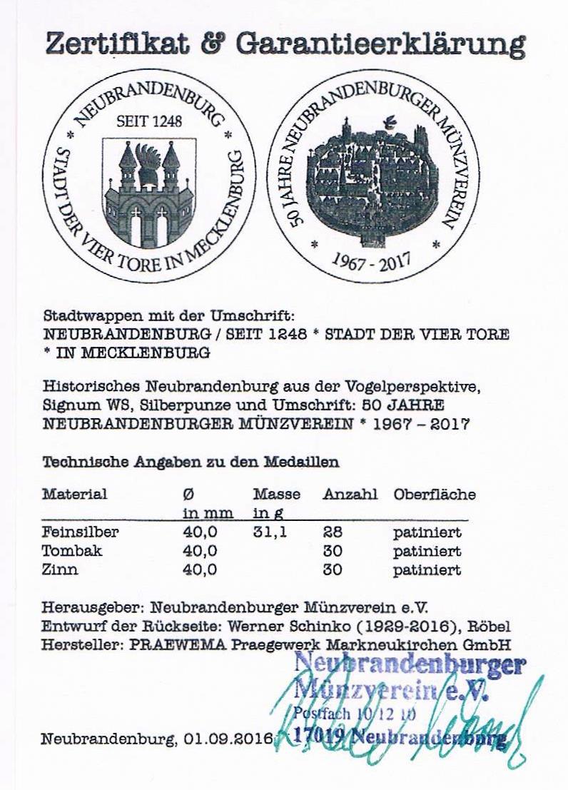  Medaille 50 Jahre Neubrandenburger Münzverein e.V. 1967 - 2017 - Auflage: nur 30 Stück  Zinn vz+   