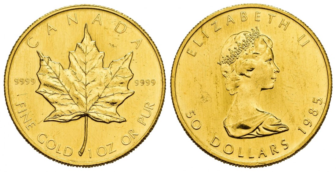 PEUS 8607 Kanada 31,1 g Feingold. Maple Leaf 50 Dollars GOLD Unze 1985 Kl. Kratzer, Vorzüglich