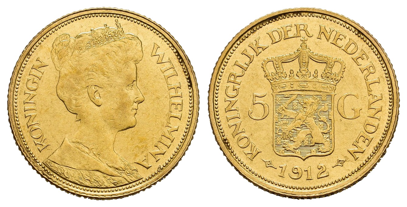 PEUS 8631 Niederlande 3,03 g Feingold. Wilhelmina (1890 - 1948) 5 Gulden GOLD 1912 Sehr schön / vorzüglich