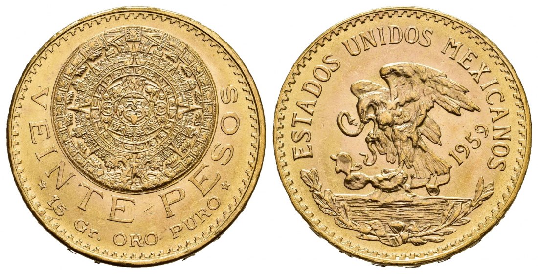 PEUS 8632 Mexiko 15 g Feingold 20 Pesos GOLD 1959 Fast Stempelglanz