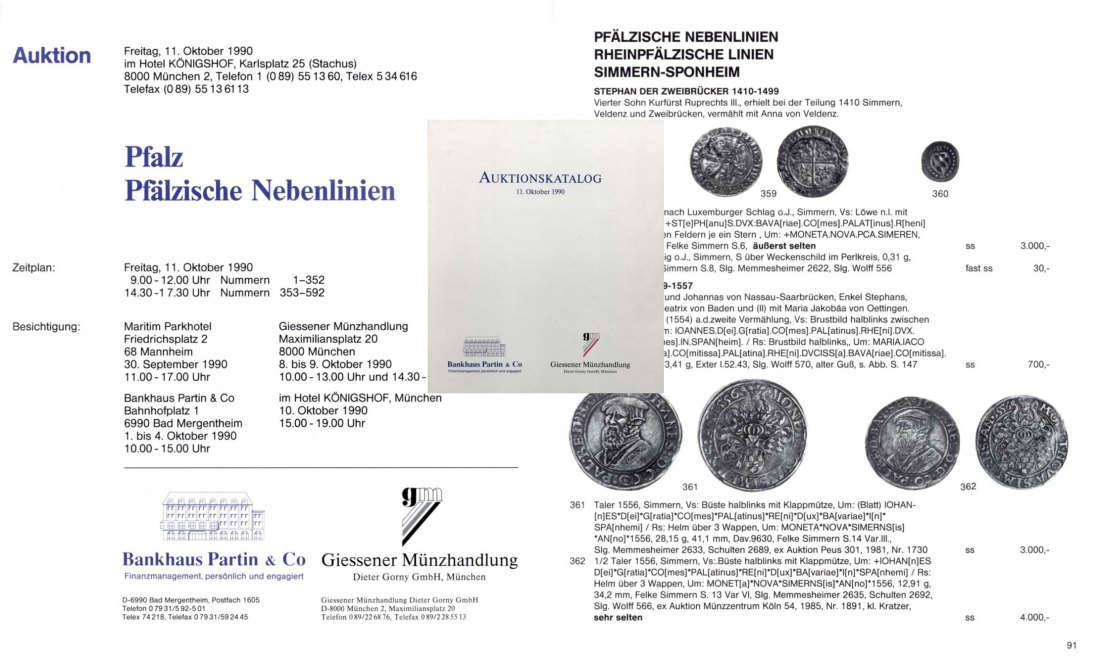  Partin Bank / Münzhandlung Gorny - Sammlung Willi FALLOT BURGHARDT - Pfalz - Pfälzische Nebengebiete   