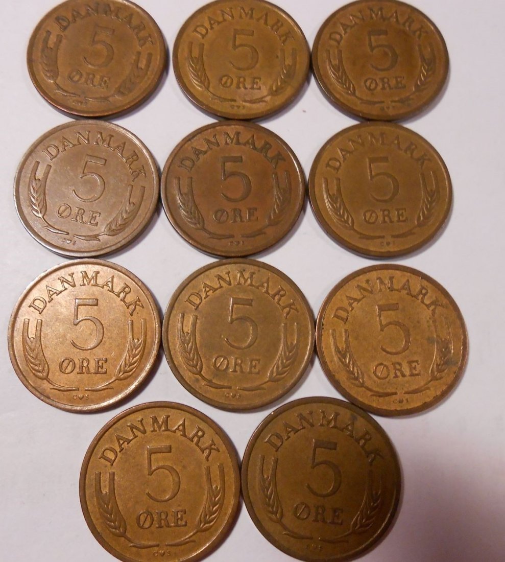  e.39 Dänemark 5 Öre 11 Stück von 1962-1972   