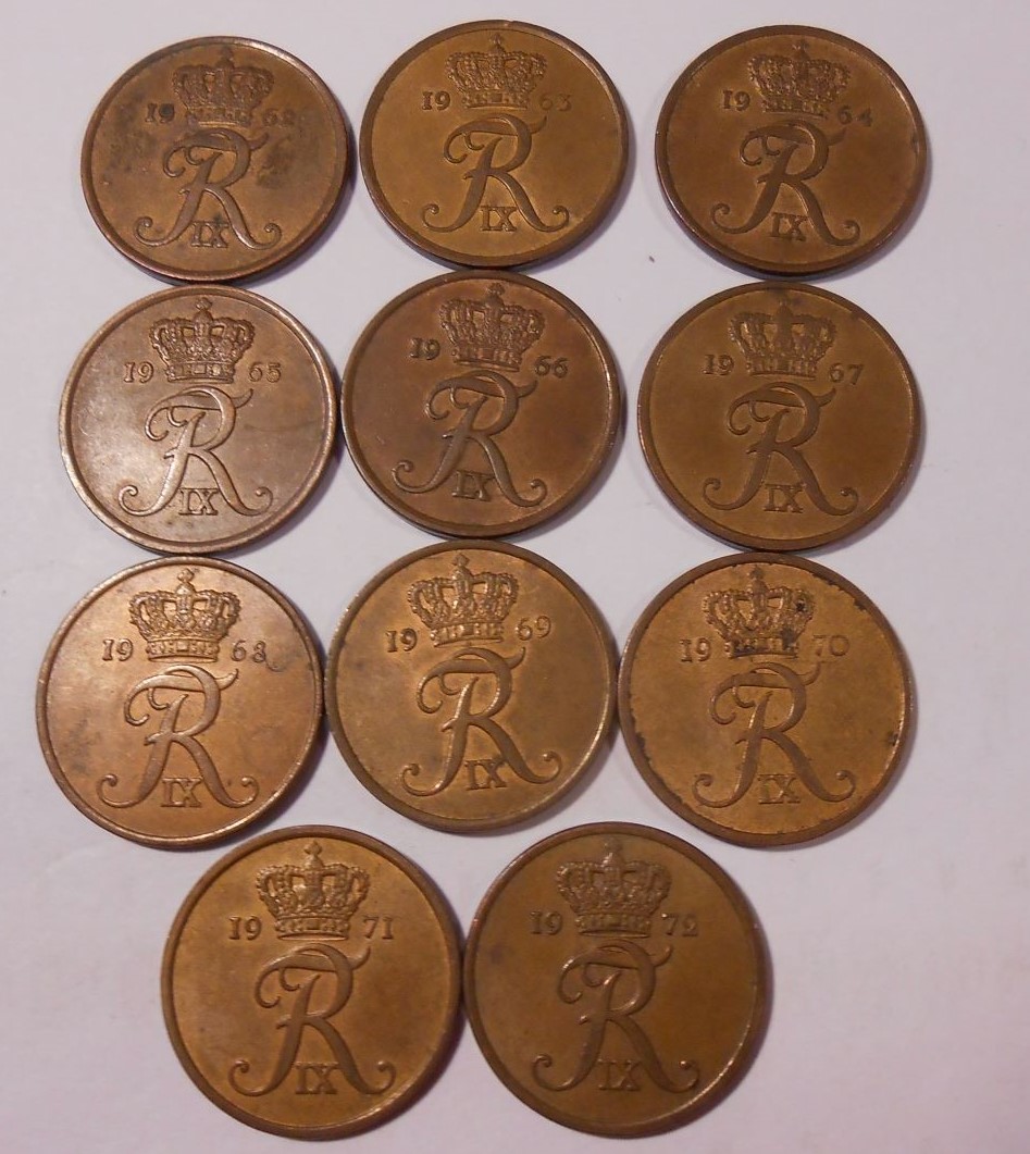  e.39 Dänemark 5 Öre 11 Stück von 1962-1972   