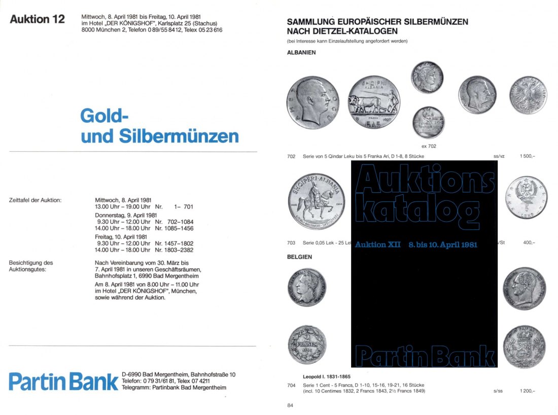  Bankhaus Partin Auktion 12 (1981) ua. Sammlung Europäische Silbermünzen nach Dietzel Katalogen   