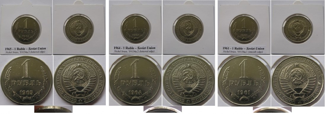  1961-1965, UdSSR, ein Satz sowjetischer 1-Rubel-Münzen   